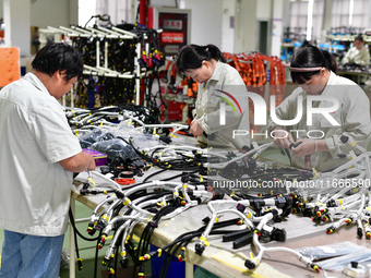 Workers produce new energy commercial vehicle parts at a workshop in Haian, Jiangsu province, China, on October 15, 2024. (