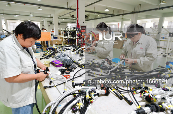 Workers produce new energy commercial vehicle parts at a workshop in Haian, Jiangsu province, China, on October 15, 2024. 