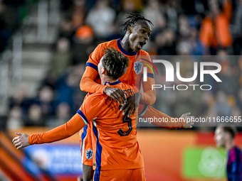 Netherlands players Rav van den Berg and Emmanuel Emegha celebrate the 2-0 goal during the Netherlands U21 vs. Sweden U21 match at the Goffe...