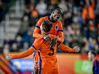 Netherlands players Rav van den Berg and Emmanuel Emegha celebrate the 2-0 goal during the Netherlands U21 vs. Sweden U21 match at the Goffe...