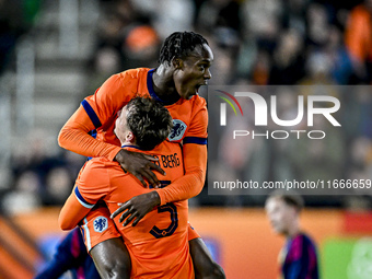 Netherlands players Rav van den Berg and Emmanuel Emegha celebrate the 2-0 goal during the Netherlands U21 vs. Sweden U21 match at the Goffe...