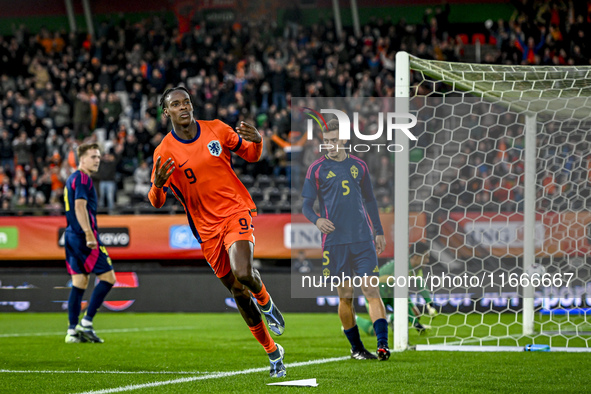 Netherlands player Emmanuel Emegha celebrates the goal 1-0 during the match between Netherlands U21 and Sweden U21 at the Goffertstadion for...