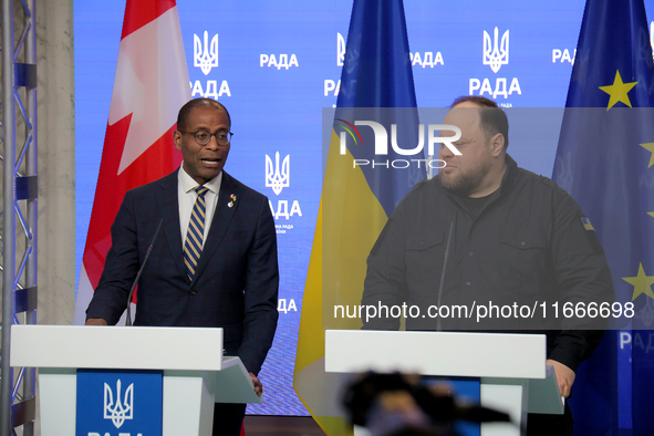 Ruslan Stefanchuk, Speaker of the Verkhovna Rada of Ukraine, and Greg Fergus, Speaker of the House of Commons of the Parliament of Canada, h...