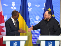 Ruslan Stefanchuk, Speaker of the Verkhovna Rada of Ukraine, shakes hands with Greg Fergus, Speaker of the House of Commons of the Parliamen...