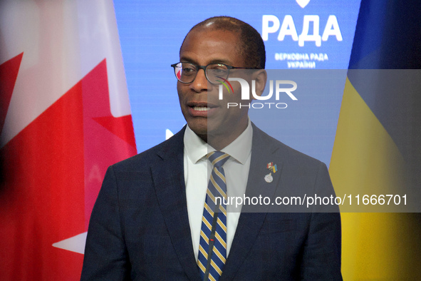 Greg Fergus, Speaker of the House of Commons of the Parliament of Canada, attends a joint news conference with Ruslan Stefanchuk, Speaker of...