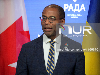 Greg Fergus, Speaker of the House of Commons of the Parliament of Canada, attends a joint news conference with Ruslan Stefanchuk, Speaker of...