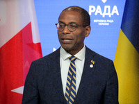 Greg Fergus, Speaker of the House of Commons of the Parliament of Canada, attends a joint news conference with Ruslan Stefanchuk, Speaker of...