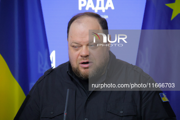 Ruslan Stefanchuk, Speaker of the Verkhovna Rada of Ukraine, attends a joint news conference with Greg Fergus, Speaker of the House of Commo...