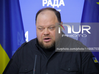 Ruslan Stefanchuk, Speaker of the Verkhovna Rada of Ukraine, attends a joint news conference with Greg Fergus, Speaker of the House of Commo...