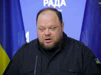 Ruslan Stefanchuk, Speaker of the Verkhovna Rada of Ukraine, attends a joint news conference with Greg Fergus, Speaker of the House of Commo...