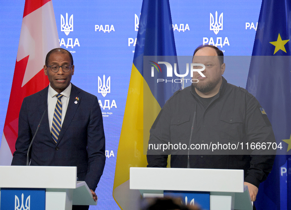 Ruslan Stefanchuk, Speaker of the Verkhovna Rada of Ukraine, and Greg Fergus, Speaker of the House of Commons of the Parliament of Canada, h...