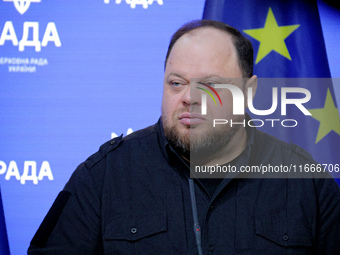 Ruslan Stefanchuk, Speaker of the Verkhovna Rada of Ukraine, attends a joint news conference with Greg Fergus, Speaker of the House of Commo...