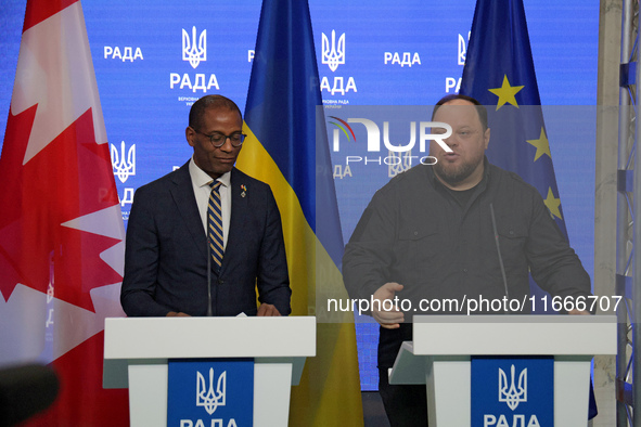 Ruslan Stefanchuk, Speaker of the Verkhovna Rada of Ukraine, and Greg Fergus, Speaker of the House of Commons of the Parliament of Canada, h...