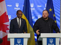 Ruslan Stefanchuk, Speaker of the Verkhovna Rada of Ukraine, and Greg Fergus, Speaker of the House of Commons of the Parliament of Canada, h...