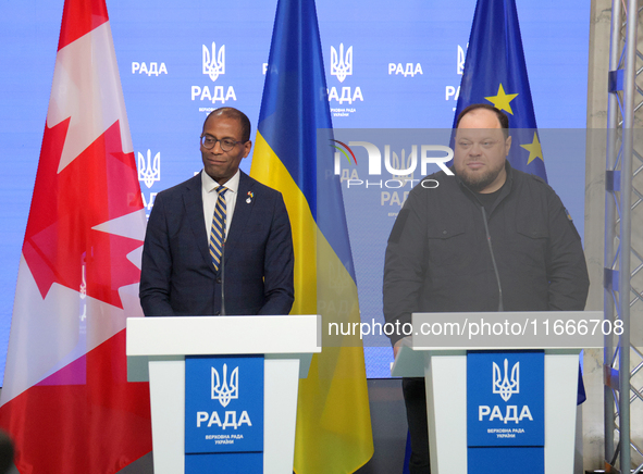 Ruslan Stefanchuk, Speaker of the Verkhovna Rada of Ukraine, and Greg Fergus, Speaker of the House of Commons of the Parliament of Canada, h...