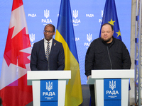 Ruslan Stefanchuk, Speaker of the Verkhovna Rada of Ukraine, and Greg Fergus, Speaker of the House of Commons of the Parliament of Canada, h...