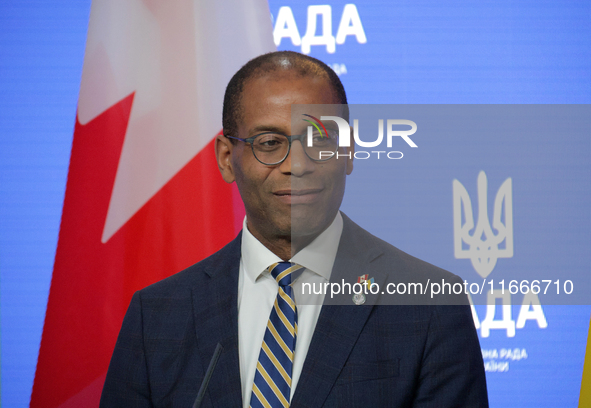 Greg Fergus, Speaker of the House of Commons of the Parliament of Canada, attends a joint news conference with Ruslan Stefanchuk, Speaker of...