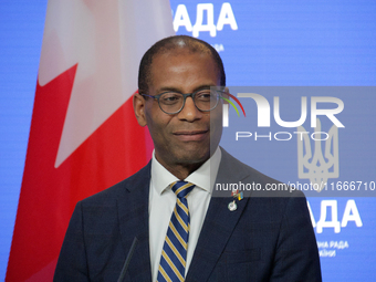 Greg Fergus, Speaker of the House of Commons of the Parliament of Canada, attends a joint news conference with Ruslan Stefanchuk, Speaker of...