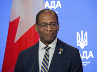 Greg Fergus, Speaker of the House of Commons of the Parliament of Canada, attends a joint news conference with Ruslan Stefanchuk, Speaker of...