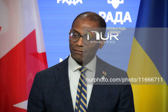 Greg Fergus, Speaker of the House of Commons of the Parliament of Canada, attends a joint news conference with Ruslan Stefanchuk, Speaker of...