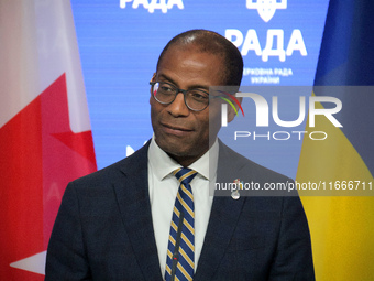 Greg Fergus, Speaker of the House of Commons of the Parliament of Canada, attends a joint news conference with Ruslan Stefanchuk, Speaker of...