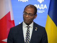 Greg Fergus, Speaker of the House of Commons of the Parliament of Canada, attends a joint news conference with Ruslan Stefanchuk, Speaker of...