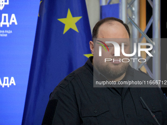 Ruslan Stefanchuk, Speaker of the Verkhovna Rada of Ukraine, attends a joint news conference with Greg Fergus, Speaker of the House of Commo...