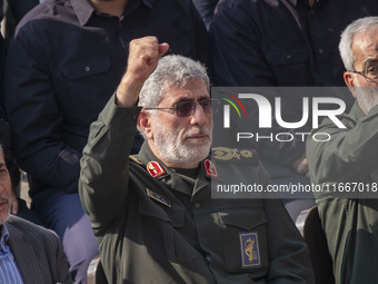 Brigadier General Esmail Qaani, Commander of the Quds Force of the Islamic Revolutionary Guard Corps, shouts anti-Israeli and anti-U.S. slog...