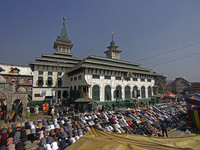 People offer congregational prayers during the annual festival of Saint Sheikh Abdul Qadir Jeelani (RA) in Srinagar, Kashmir, on October 15,...