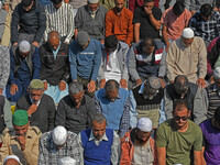 People offer congregational prayers during the annual festival of Saint Sheikh Abdul Qadir Jeelani (RA) in Srinagar, Kashmir, on October 15,...