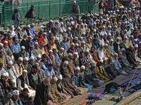 People offer congregational prayers during the annual festival of Saint Sheikh Abdul Qadir Jeelani (RA) in Srinagar, Kashmir, on October 15,...