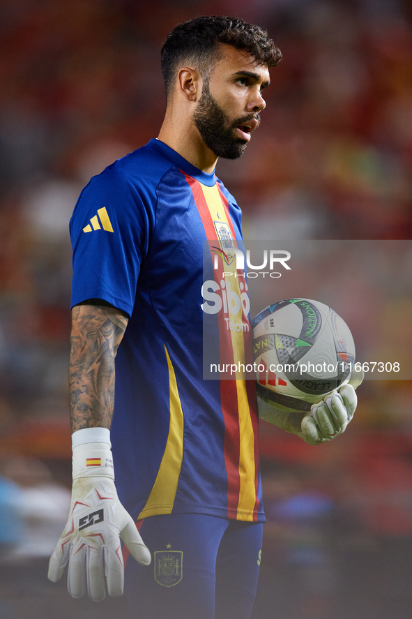 David Raya of Spain looks on before the UEFA Nations League 2024/25 League A Group A4 game between Spain and Denmark at Enrique Roca stadium...