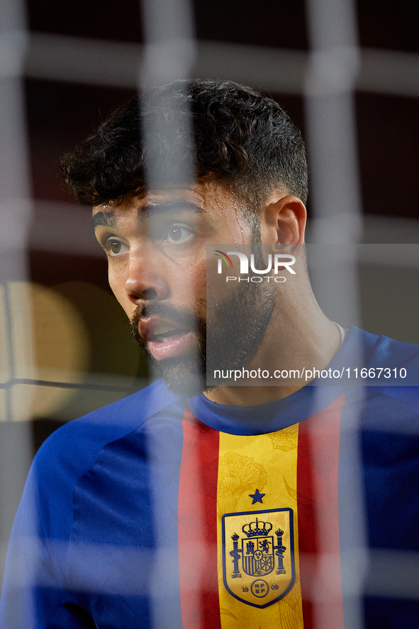 David Raya of Spain looks on before the UEFA Nations League 2024/25 League A Group A4 game between Spain and Denmark at Enrique Roca stadium...