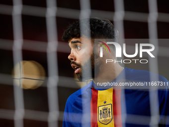 David Raya of Spain looks on before the UEFA Nations League 2024/25 League A Group A4 game between Spain and Denmark at Enrique Roca stadium...