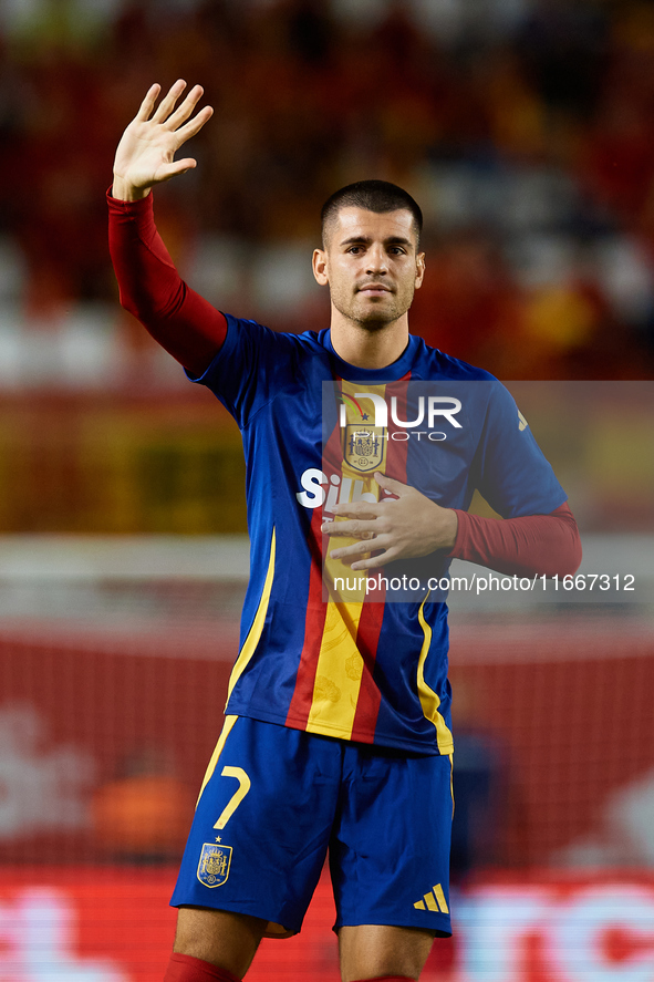 Alvaro Morata of Spain waves his hand to the crowd before the UEFA Nations League 2024/25 League A Group A4 game between Spain and Denmark a...