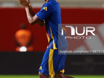 Lamine Yamal of Spain applauds before the UEFA Nations League 2024/25 League A Group A4 game between Spain and Denmark at Enrique Roca stadi...