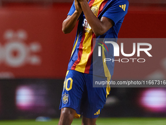 Lamine Yamal of Spain applauds before the UEFA Nations League 2024/25 League A Group A4 game between Spain and Denmark at Enrique Roca stadi...