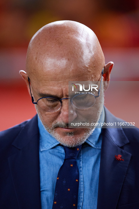 Luis de la Fuente, head coach of Spain, looks on prior to the UEFA Nations League 2024/25 League A Group A4 game between Spain and Denmark a...