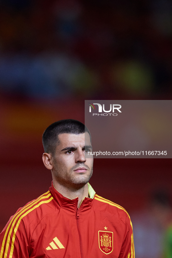 Alvaro Morata of Spain looks on before the UEFA Nations League 2024/25 League A Group A4 game between Spain and Denmark at Enrique Roca Stad...