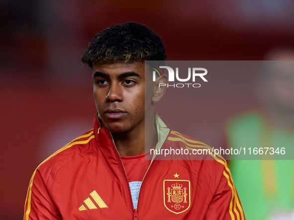 Lamine Yamal of Spain looks on before the UEFA Nations League 2024/25 League A Group A4 game between Spain and Denmark at Enrique Roca stadi...