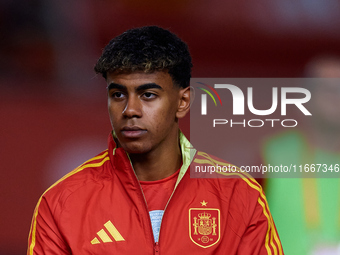 Lamine Yamal of Spain looks on before the UEFA Nations League 2024/25 League A Group A4 game between Spain and Denmark at Enrique Roca stadi...