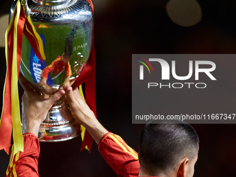 Alvaro Morata of Spain shows the UEFA EURO trophy to the crowd prior to the UEFA Nations League 2024/25 League A Group A4 game between Spain...