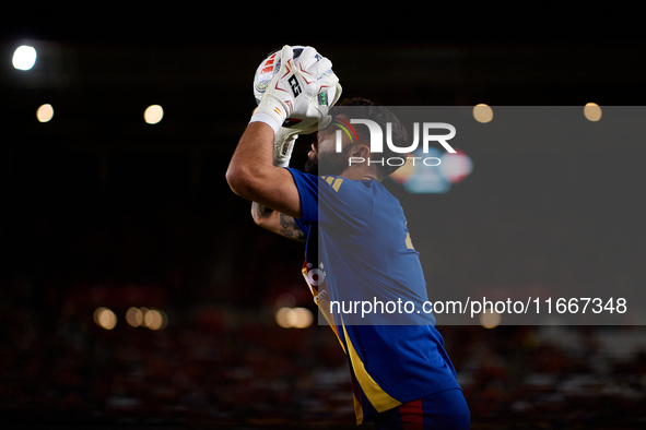 David Raya of Spain is in action prior to the UEFA Nations League 2024/25 League A Group A4 game between Spain and Denmark at Enrique Roca s...