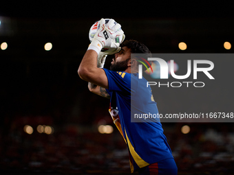 David Raya of Spain is in action prior to the UEFA Nations League 2024/25 League A Group A4 game between Spain and Denmark at Enrique Roca s...