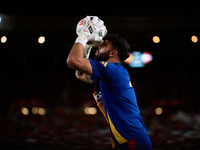 David Raya of Spain is in action prior to the UEFA Nations League 2024/25 League A Group A4 game between Spain and Denmark at Enrique Roca s...