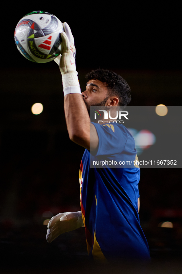 David Raya of Spain is in action prior to the UEFA Nations League 2024/25 League A Group A4 game between Spain and Denmark at Enrique Roca s...