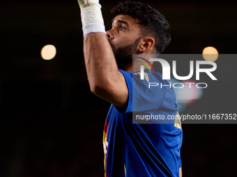 David Raya of Spain is in action prior to the UEFA Nations League 2024/25 League A Group A4 game between Spain and Denmark at Enrique Roca s...