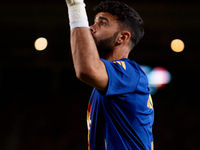 David Raya of Spain is in action prior to the UEFA Nations League 2024/25 League A Group A4 game between Spain and Denmark at Enrique Roca s...