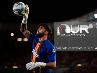 David Raya of Spain is in action prior to the UEFA Nations League 2024/25 League A Group A4 game between Spain and Denmark at Enrique Roca s...