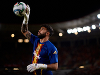 David Raya of Spain is in action prior to the UEFA Nations League 2024/25 League A Group A4 game between Spain and Denmark at Enrique Roca s...